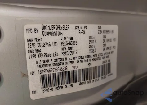 2000 Dodge Caravan Se z USA, uszkodzony, nr VIN 1B4GP45G9YB545232